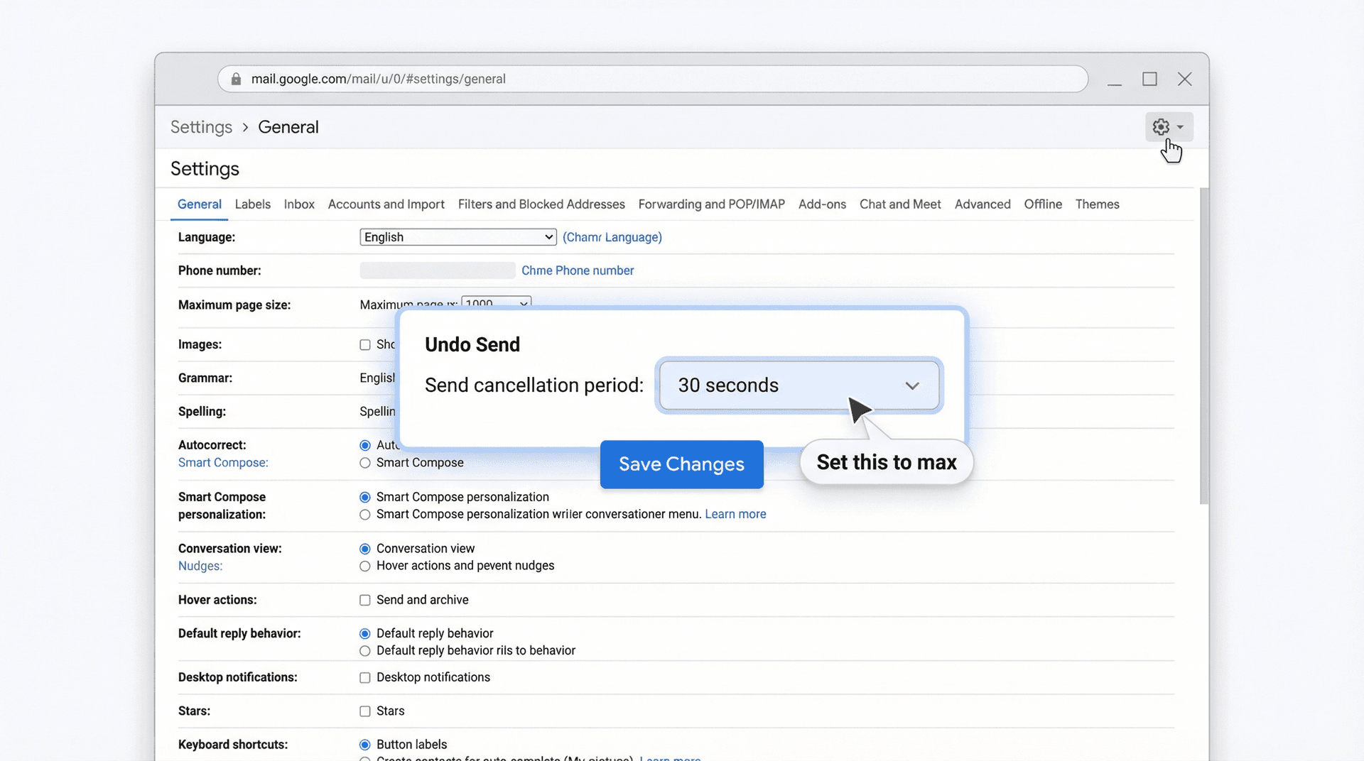 Gmail Settings page showing Undo Send option with Send cancellation period set to 30 seconds