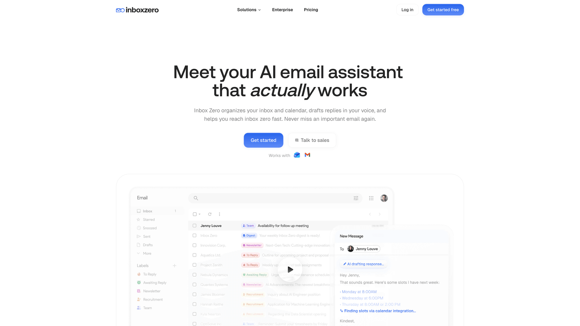 Inbox Zero homepage showing the AI email assistant interface with To Reply and Awaiting Reply labels visible in the product UI