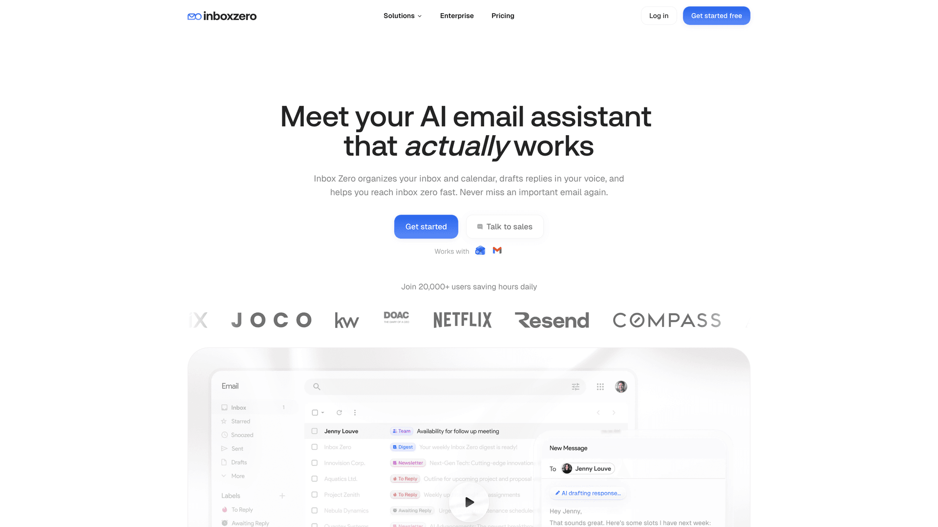 Inbox Zero homepage showing "Meet your AI email assistant that actually works" hero with Gmail and Outlook support