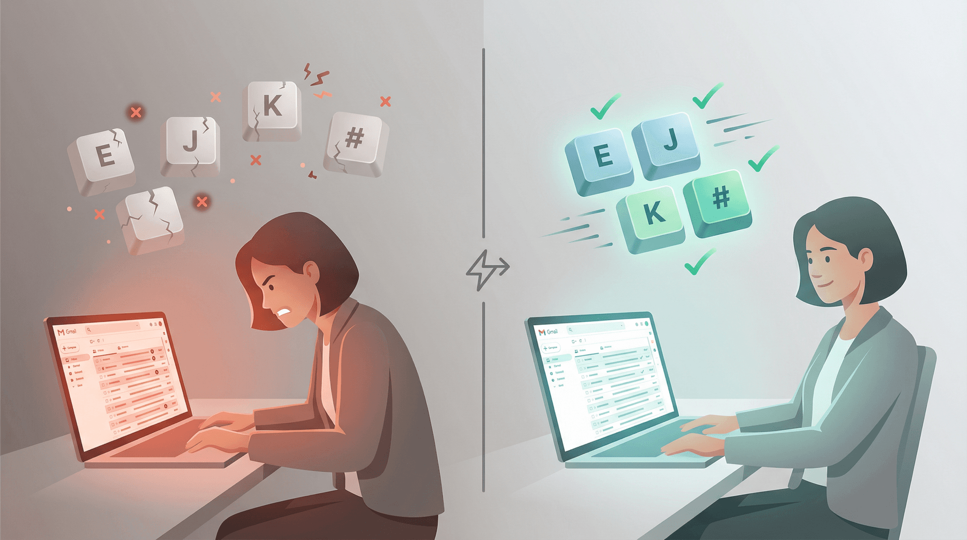 Split illustration showing frustrated user with broken Gmail keyboard shortcuts on left, confident user with working shortcuts on right