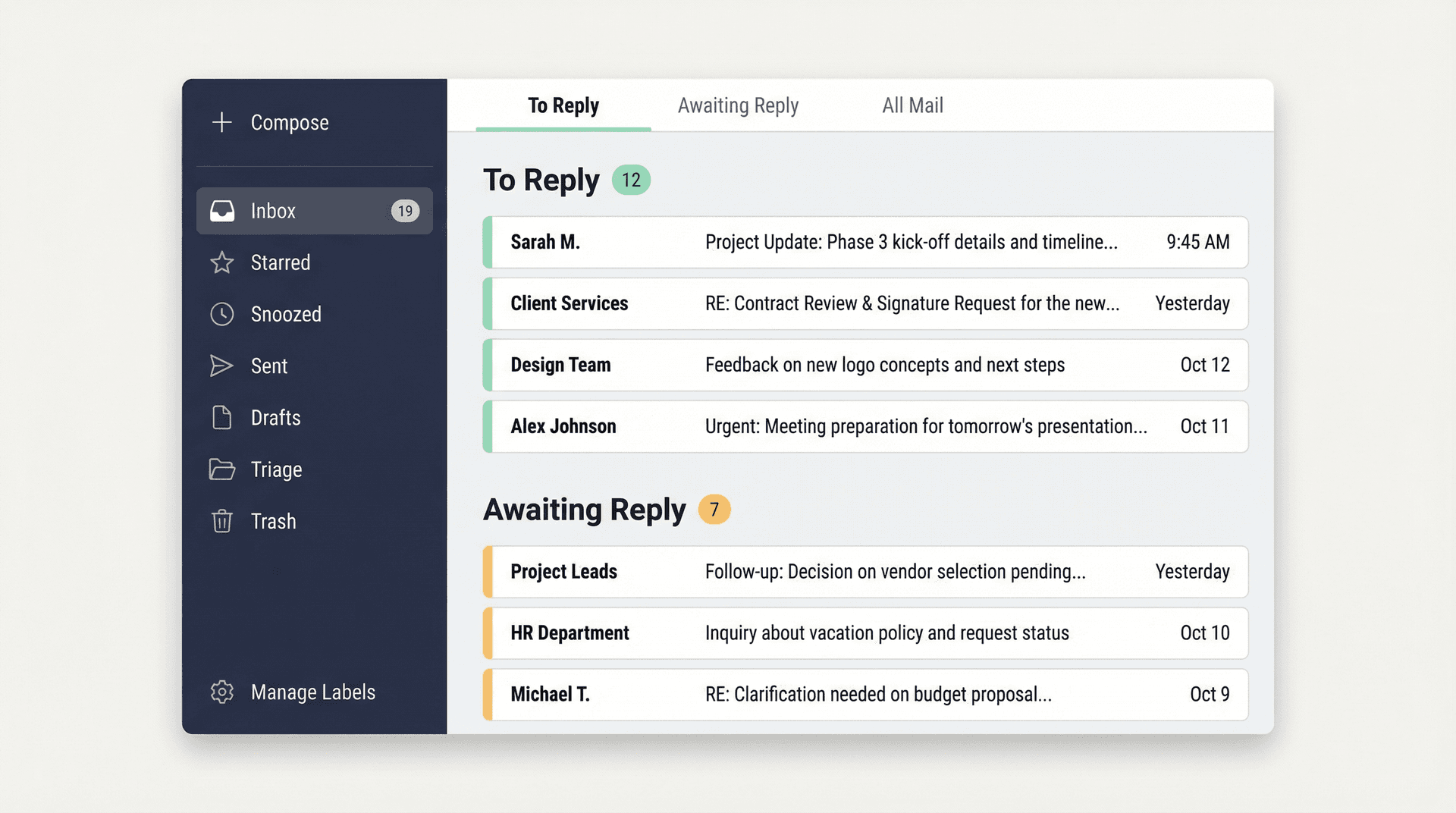 Inbox Zero dashboard showing To Reply and Awaiting Reply labels organizing a post-vacation email backlog into two focused lists