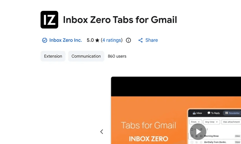 Inbox Zero Tabs Chrome extension page showing split-inbox features for Gmail organization