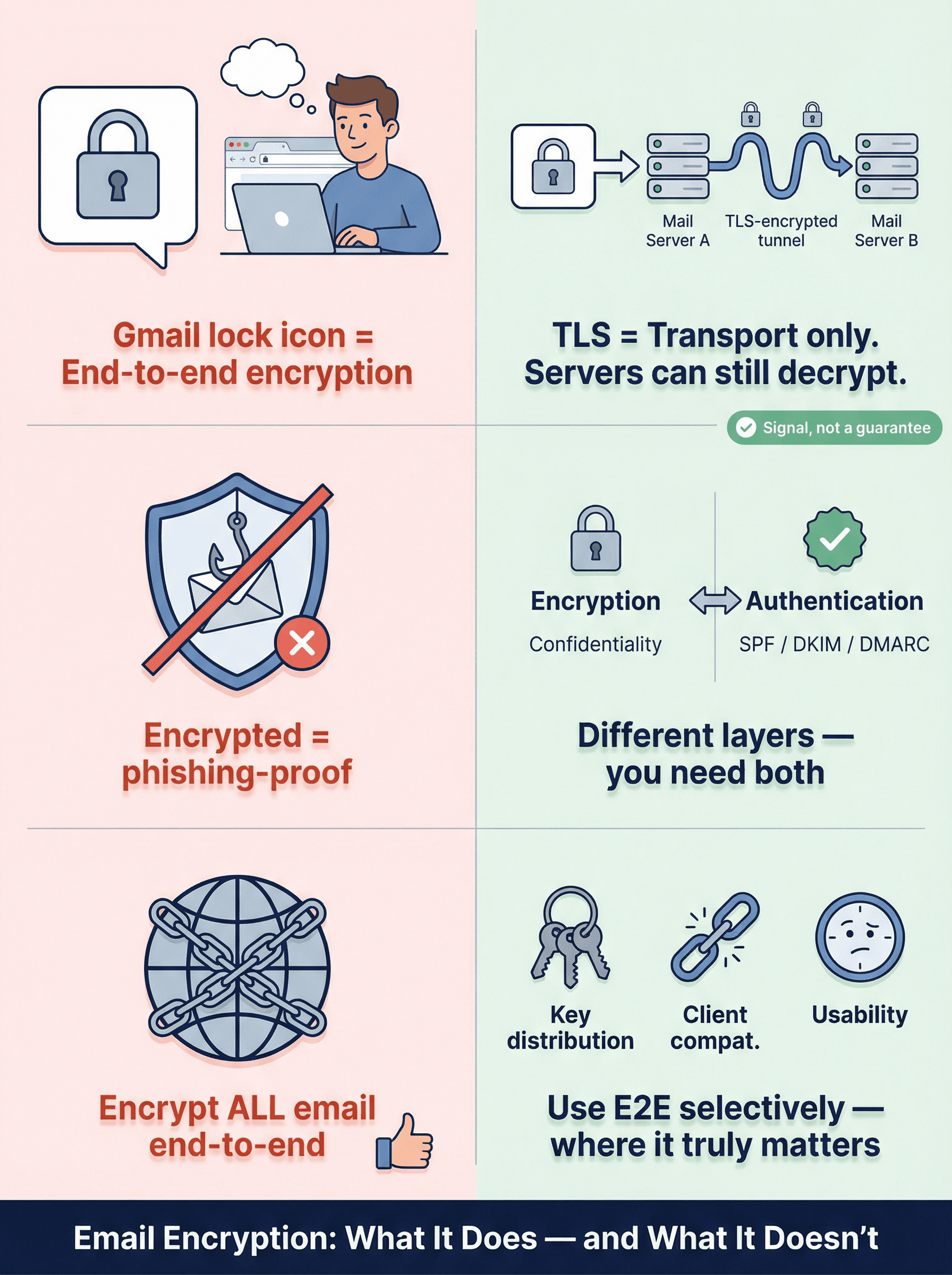 Three-panel editorial illustration busting common email encryption myths: lock icon, phishing prevention, and end-to-end encryption limits