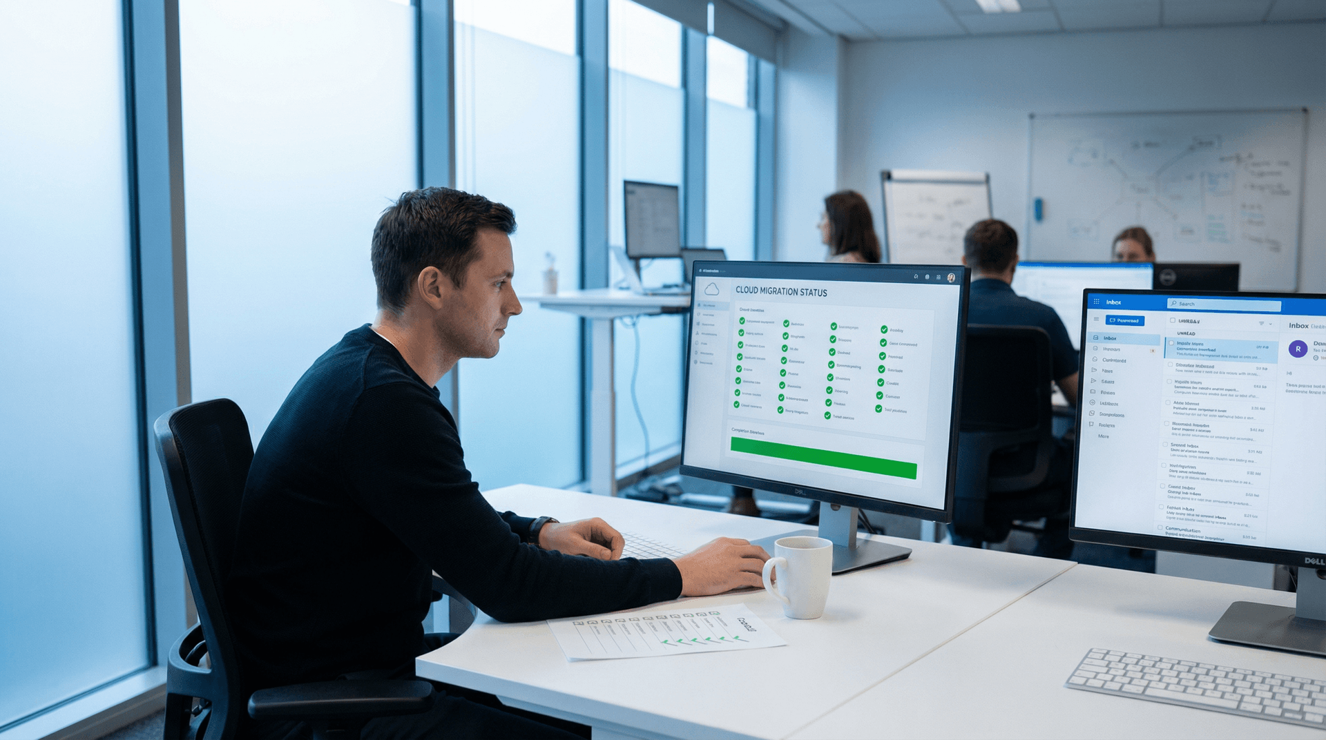 IT professional reviewing a completed email migration dashboard with all green status indicators on dual monitors in a modern office