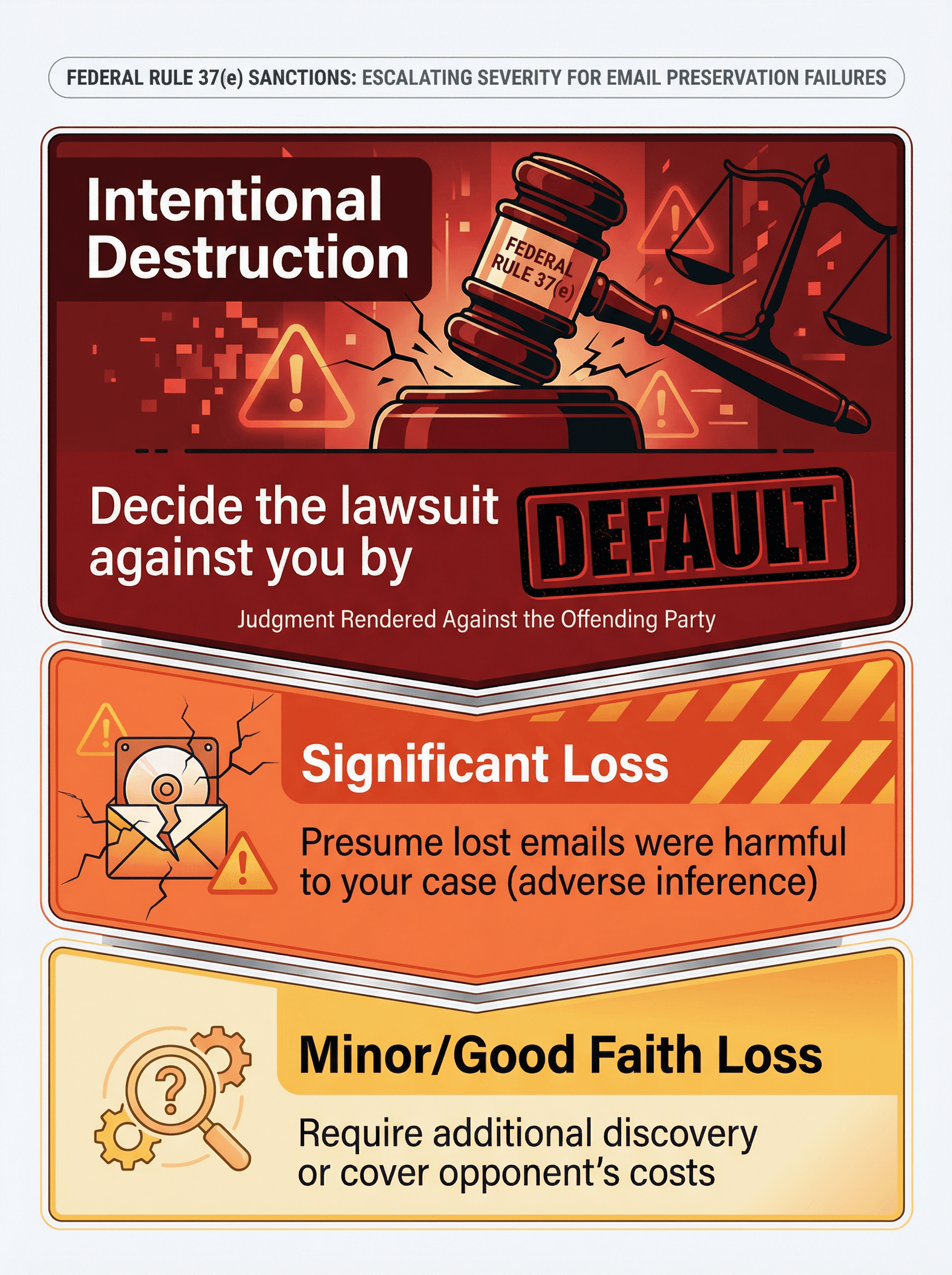 Federal Rule 37(e) email preservation sanctions hierarchy showing three escalating penalty levels