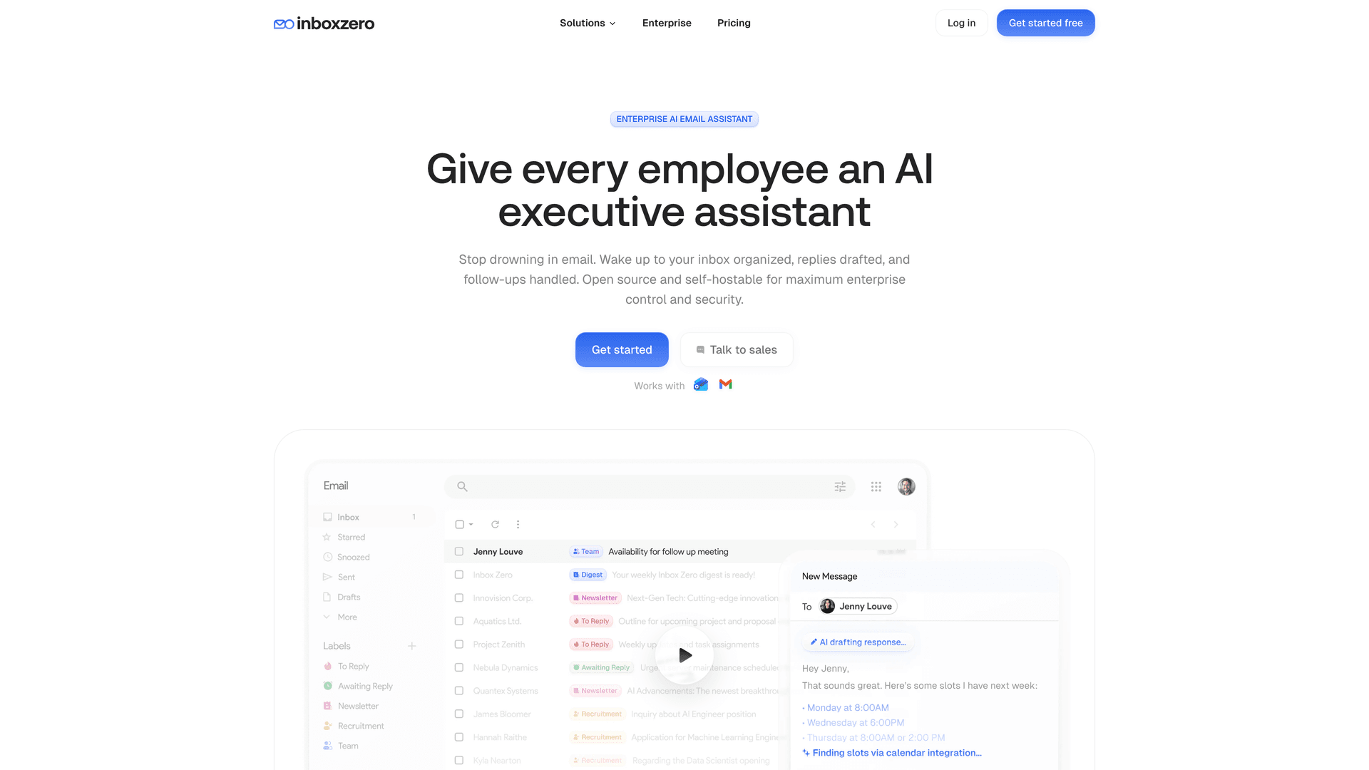 Inbox Zero enterprise page showing AI email assistant for teams with open source self-hosting and enterprise security positioning